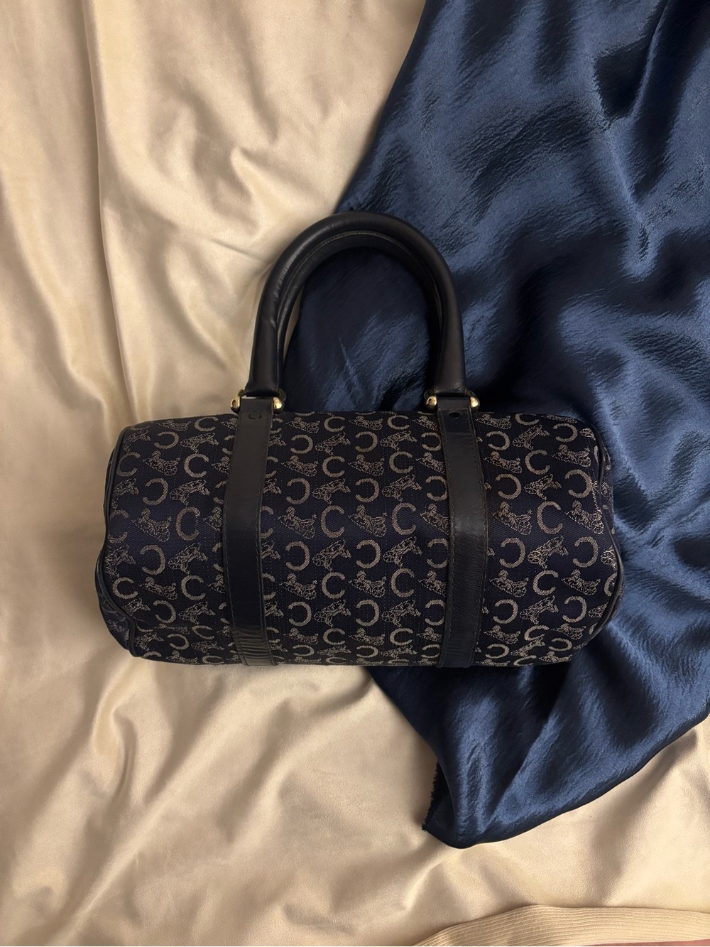 Vintage Celine Navy Monogram Barrel Bag with Black Trim